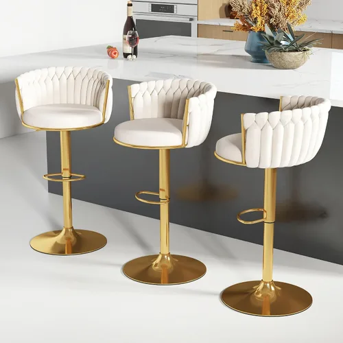 Miniatura 33 de ABET Taburete de Bar Dorado 1UN, Taburetes Giratorios de Terciopelo, Taburetes de Altura Ajustable con Respaldo Tejido, Taburetes de Cocina Modernos