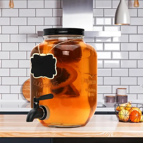 Miniatura 8 de Accguan Dispensador de bebidas de 1 galón, dispensador de agua de vidrio con tapa de lata negra y grifo de acero inoxidable negro, marco de hierro