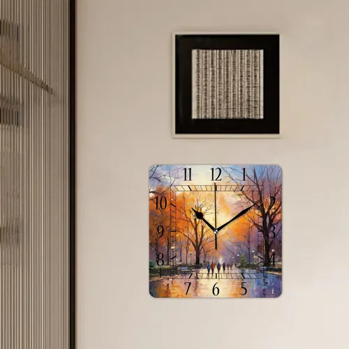 Miniatura 3 de Reloj de pared decorativo de 10 pulgadas, silencioso, cuadrado, para el hogar, sala de estar, cocina, bosque de otoño, hojas rojas brillantes, cielo