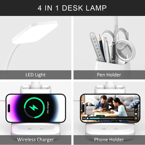 Miniatura 2 de Lámpara de escritorio con cargador inalámbrico, lámparas de escritorio LED para oficina en casa con soporte para bolígrafo, 800 lm, 3 modos