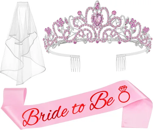 Miniatura 8 de JETKONG 3 Piezas Decoraciones de Despedida de Soltera Corona de Ducha Nupcial, Banda y Velo de Novia para Mujeres Regalos de Despedida de Soltera