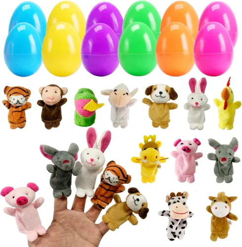 Paquete de 12 huevos de Pascua rellenos con marionetas de dedos de animales, rellenos de cesta de Pascua, regalos sorpresa de Pascua, juguetes de