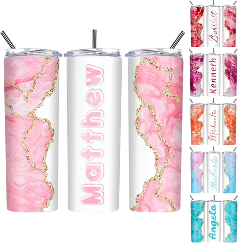 Miniatura 10 de Vasos delgados personalizados con tapas y pajitas de 20 onzas, diseño de mármol personalizado, vasos de acero inoxidable delgados con nombre