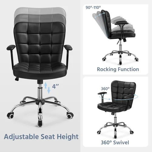 Miniatura 6 de Yaheetech Silla de escritorio de piel sintética con respaldo medio, ajustable, inclinable, moderna, tapizada, con reposabrazos acolchados Blanco