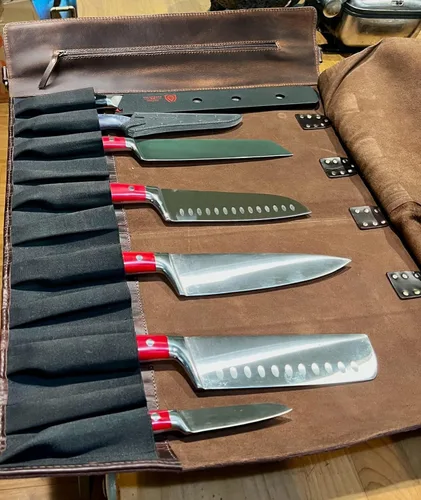 Miniatura 6 de Bolsa de almacenamiento de rollo de cuchillo de cuero con bolsa enrollable para herramientas, rollo de estuche para cuchillos de chef para viajes