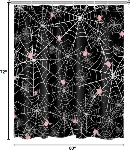 Miniatura 6 de EOBTAIN Cortina de ducha de Feliz Halloween para baño, arañas rosas aterradoras con telaraña sobre negro, cortina de ducha farbic con 10 ganchos