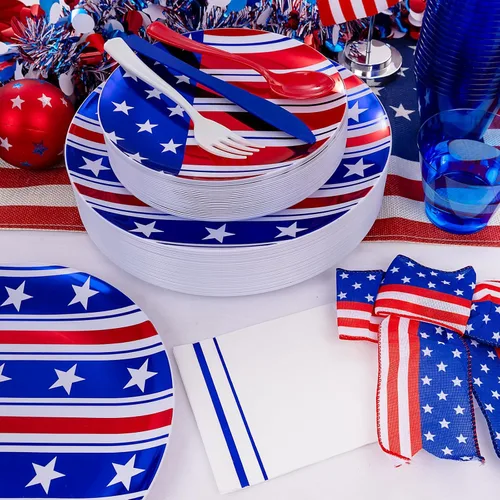 Miniatura 7 de Festiva 175 Piezas Platos del 4 de Julio y Cubiertos Desechables de Plástico Rojo Blanco Azul y Vasos Azules Transparentes - Suministros de Fiesta