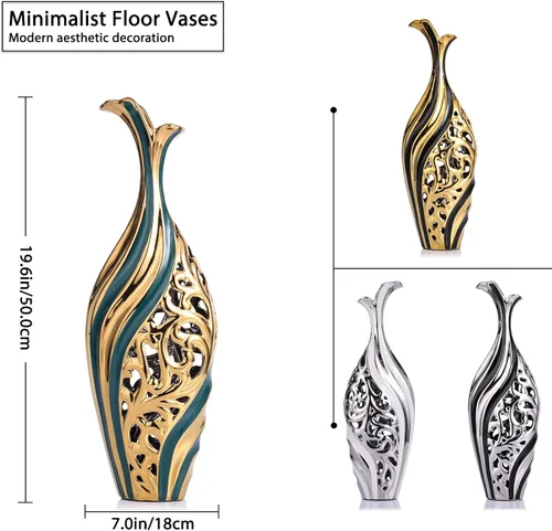 Miniatura 2 de LCCCK Jarrón moderno de cerámica, 19.6 pulgadas de alto, oro negro, ideal para hierba de las pampas y arreglos florales individuales, jarrón