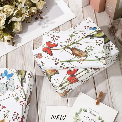 Miniatura 4 de AnyDesign 6 hojas de papel de regalo de pájaros, no enrollado, papel de regalo de flores de mariposa de acuarela, papel de arte decorativo plano