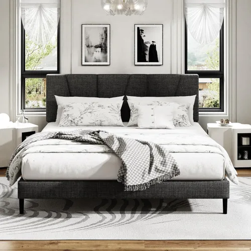 Miniatura 11 de Sismplly - Base de cama plataforma tamaño Queen con cabecero tapizado, soporte de listones de madera, sin ruido, no necesita somier, fácil montaje