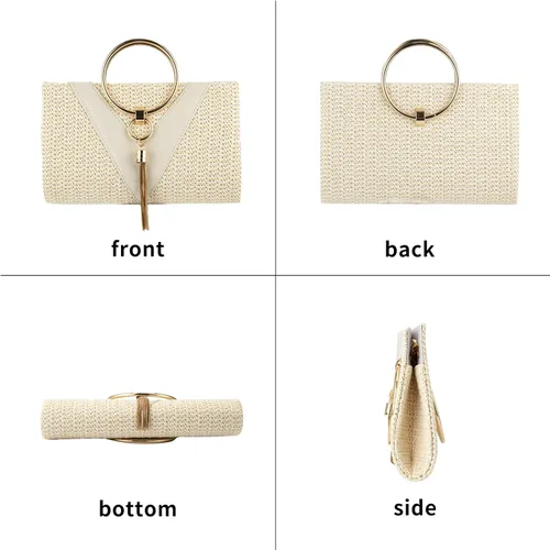 Miniatura 4 de GripIt Bolsos de paja para mujer, bolso de playa bohemio tejido con borla para novia, bolso de mano para mujer, bolso de verano con asa superior