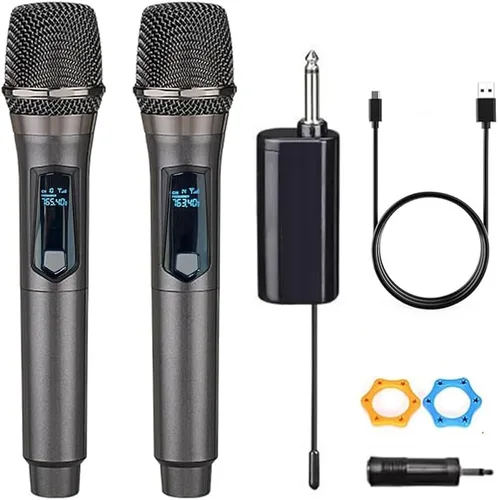 Micrófono inalámbrico, micrófono dual inalámbrico de frecuencia fija recargable, micrófono dinámico de mano, canto de karaoke, DJ de bodas, fiesta,