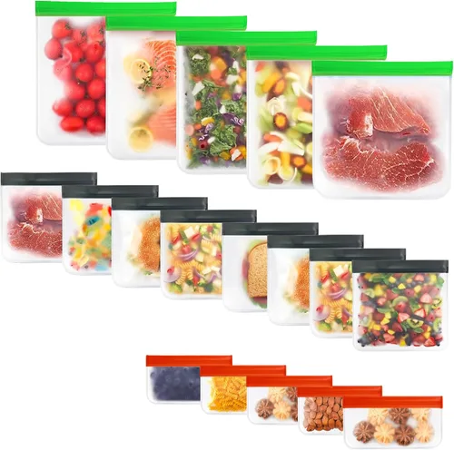 Miniatura 9 de Paquete de 10 bolsas extra gruesas de silicona reutilizables para almacenamiento de alimentos, 3 pequeñas, 4 medianas, 3 bolsas grandes con cierre