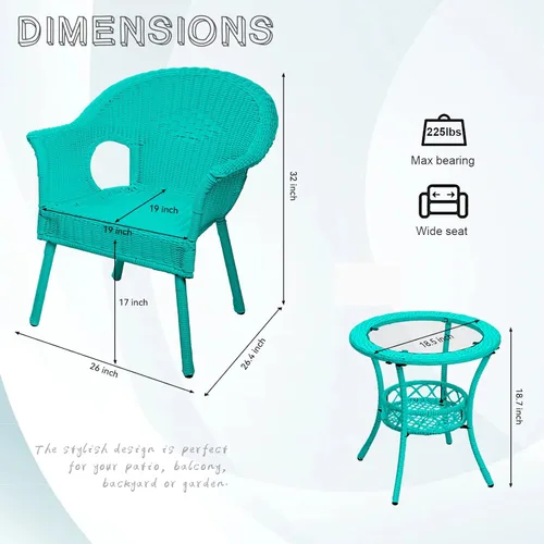 Miniatura 4 de Bistro - Juego de 3 muebles de patio para exteriores, juego de 2 sillas de mimbre con mesa auxiliar al aire libre, sillas de exterior para patio