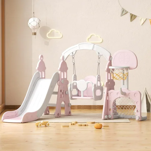 Miniatura 12 de YUFU Juego de Tobogán y Columpio 4 en 1 para Niños Pequeños, Tobogán para Niños con Escalador, Columpio, Aro de Baloncesto, Juego