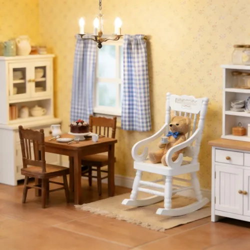Miniatura 4 de SOIMISS Mecedora de madera blanca en miniatura, asiento de cuerda de cáñamo, escala 1:12, accesorios para muebles de casa de muñecas, decoración