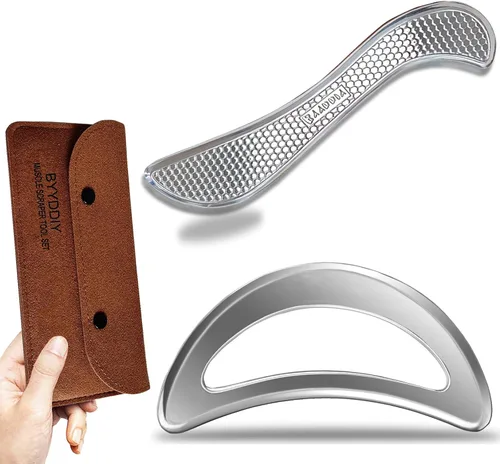 Miniatura 8 de BYYDDIY Juego de herramientas de raspador muscular de acero inoxidable 2 en 1 Gua Sha raspador de masaje
