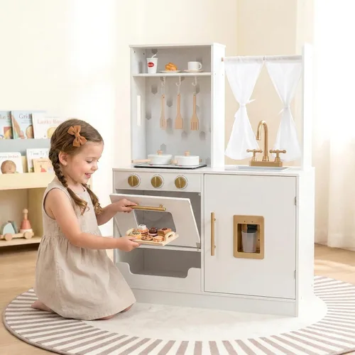 Miniatura 12 de INFANS Juego de cocina para niños, juego de cocina de madera con estufa, fregadero, microondas, armario de almacenamiento, juego de juguetes