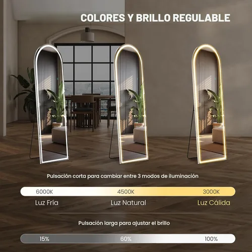 Miniatura 3 de Sweetcrispy Espejo Arqueado de Cuerpo Entero con Luces LED, Espejo de Piso Iluminado de 63"x21" con Atenuación e Iluminación de 3 Colores, Soporte