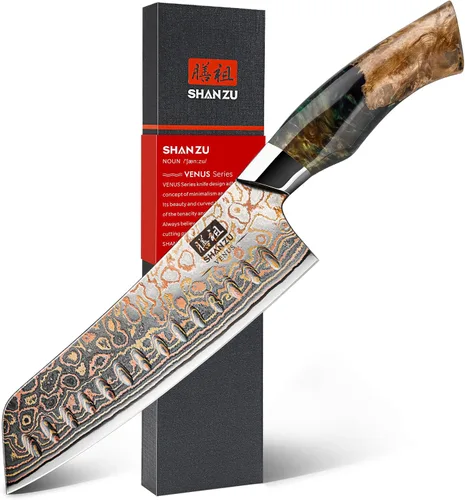 Miniatura 10 de Juego de cuchillos de cocina de Damasco SHAN ZU, cuchillos de cocina japoneses de cobre y acero de Damasco, cuchillo utilitario forjado a mano