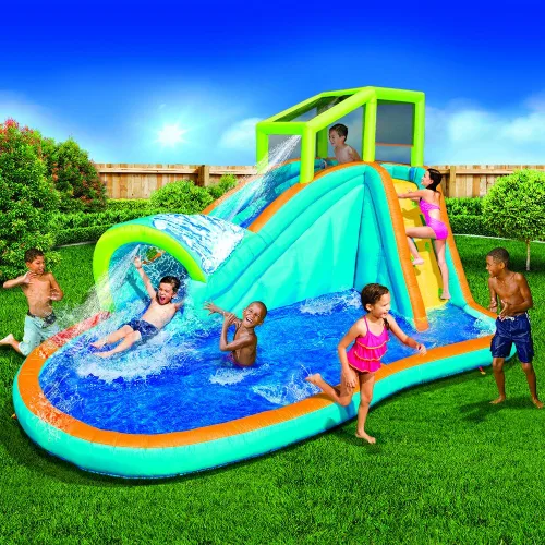 Tobogán acuático inflable – Enorme piscina infantil de 14 pies x 8 pies con ondas de aspersor integradas y pared de agua – Parque de aventura