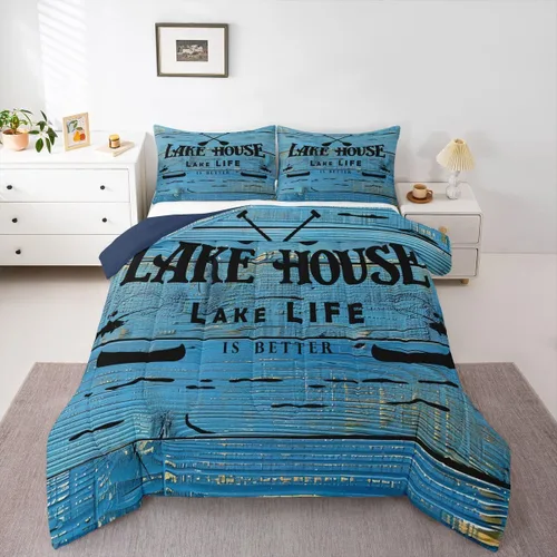 Miniatura 17 de Erosebridal Juego de edredón de barco muelle, juego de ropa de cama con diseño de paleta de lago, tamaño individual para niños, adolescentes