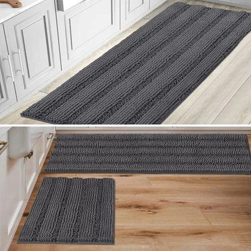H.VERSAILTEX Paquete de alfombras de felpilla a rayas, 2-47 x 17 pulgadas/17 x 24 pulgadas y paquete de 1-59 x 20 pulgadas, color gris