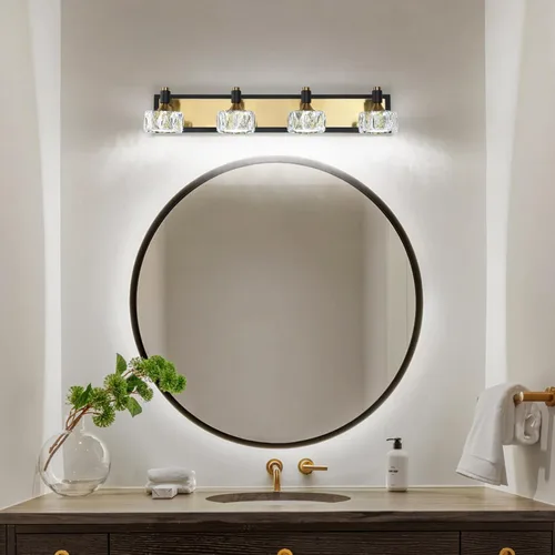 Miniatura 3 de Lámpara de baño de 3 luces sobre el espejo, luz LED regulable para tocador de baño con pantalla de cristal, lámpara de pared moderna negra y dorada