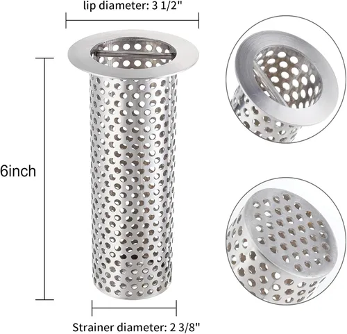 Miniatura 2 de Colador de drenaje comercial de piso, 3 1/2 pulgadas de diámetro de labio x 6 pulgadas de alto, malla cilíndrica perforada de acero inoxidable 316