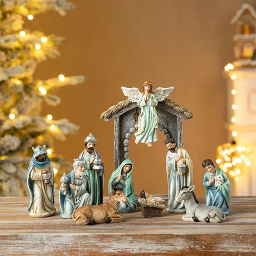 Miniatura 9 de Glitzhome Juego de 12 figuras de pesebre para Navidad en interiores, juego de belén cristiano de resina azul de lujo, adornos de mesa en miniatura