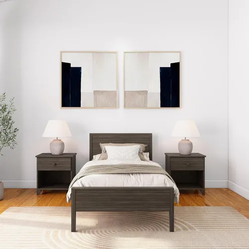 Miniatura 3 de Plank+Beam Base de cama individual de madera maciza con cabecera de panel, cama moderna de plataforma individual con soporte de listones de madera