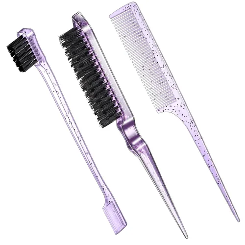 Miniatura 21 de Geiserailie Juego de 3 Cepillos para Cabello Slick Back, Cepillo de Cerdas, Control de Bordes, Peine Desenredante para Cabello Negro de Mujeres Rosa