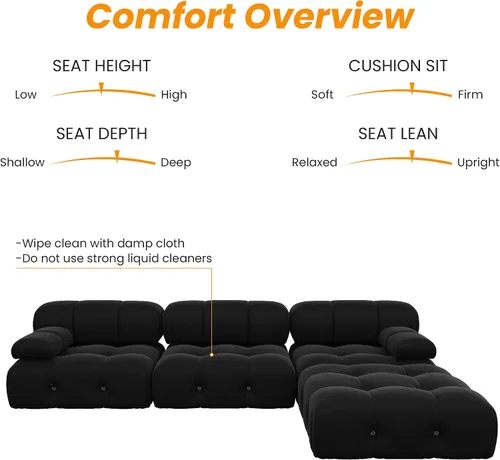 Miniatura 4 de WJShome - Sofá seccional modular, sofá convertible de 103.95 pulgadas, sofá minimalista de terciopelo de 3 plazas para sala de estar, juego de Negro