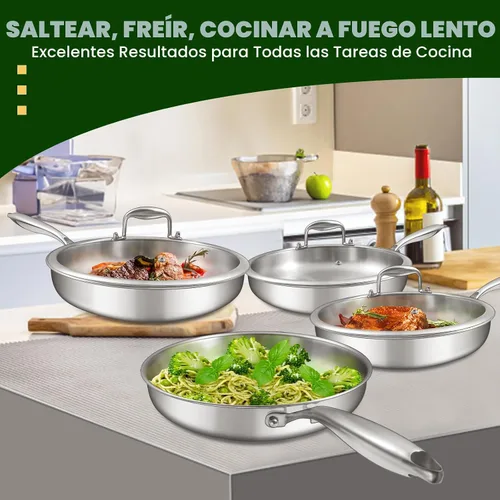 Miniatura 2 de EWFEN Sartén de acero inoxidable de tres capas de 12 pulgadas, compatible con todas las estufas de hasta 600 ℉, sartén grande con tapas, sartén