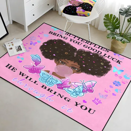 Miniatura 14 de Alfombra de área para dormitorio de niñas negras africanas, alfombra para sala de estar, sala de juegos, azul, lindo anime de dibujos animados