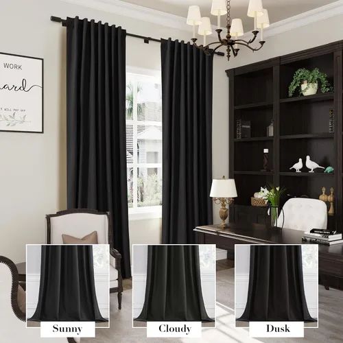 Miniatura 6 de Joywell - 2 cortinas de lino 100% opacas, con bolsillo para cortinero, trabilla trasera, cinta para ganchos y anillas con clip, plisadas, con Negro