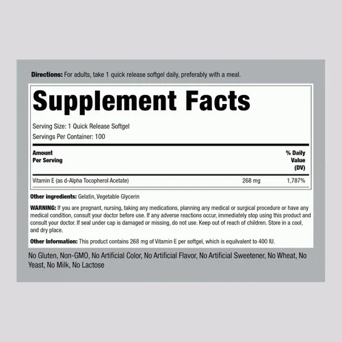 Miniatura 2 de Piping Rock Cápsulas de cápsulas blandas de vitamina E de 400 UI 268 mg 100 píldoras D-alfa tocoferol Suplemento sin OMG, sin gluten
