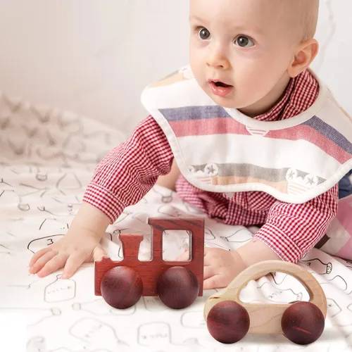 Miniatura 2 de 2 piezas de sonajero de madera orgánica coches de madera de empuje juguetes Montessori educativos de madera natural juguetes inspirados bebé recién