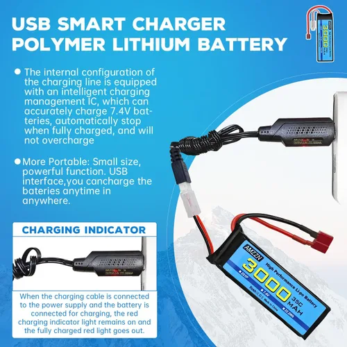 Miniatura 4 de Batería Lipo de 7.4V 3000mAh 35C 2S T-Plug con cable de carga USB para coche RC, modelo de camión, barco de control remoto, RC Quadcopter Qircraft