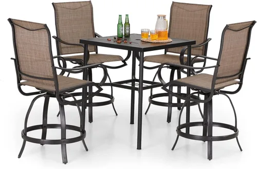 Miniatura 13 de PHI VILLA Juego de 2 taburetes de bar giratorios para exteriores, sillas de patio de altura de mostrador con tela textil impermeable, marrón, marco