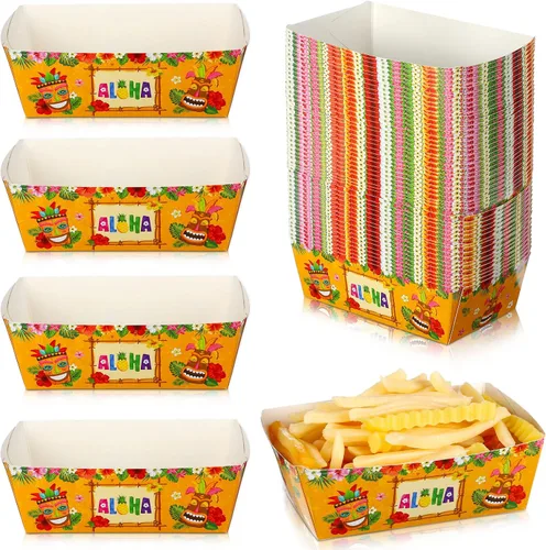 Miniatura 8 de Blulu Paquete de 50 bandejas de papel desechables para decoración de fiestas hawaianas, bandeja para nachos Aloha Nacho, soporte para alimentos