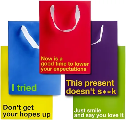 MilkToast Brands Divertidas bolsas de regalo, tamaño de 11 x 8 x 4 pulgadas, juego de 5 bolsas de papel kraft de colores con frases sarcásticas para