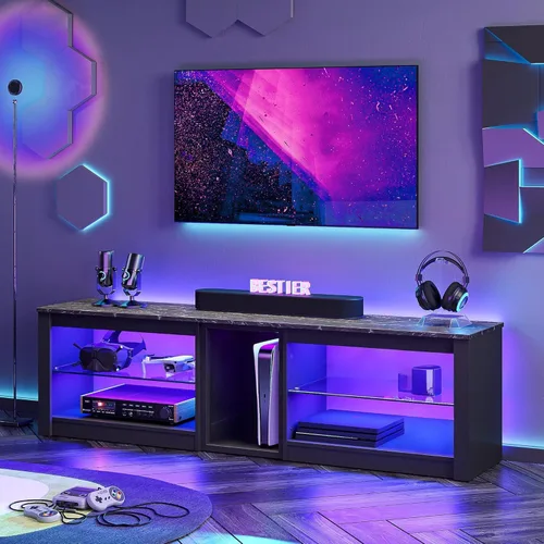 Bestier Soporte de TV para TV de 70 pulgadas, centro de entretenimiento para juegos para PS5, gabinete de TV LED con estantes de vidrio para sala de