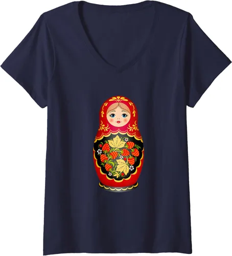 Miniatura 3 de Hermosa camiseta de Matryoshka Russian Strawberry Nesting Doll con cuello en V para mujer, Negro, S