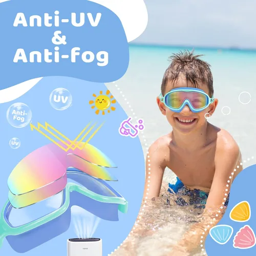 Miniatura 5 de Vvinca Gafas de natación para niños con correa elástica amplia visión anti niebla UV máscara de piscina gafas para 3-10 niños pequeños niñas niños