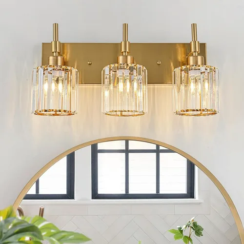 Miniatura 8 de Lámparas de baño doradas, 2 lámparas de tocador de cristal para baño, luces modernas de latón sobre espejo