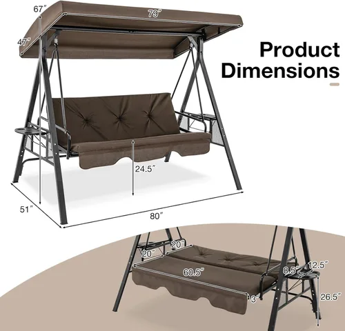 Miniatura 4 de Tangkula Columpio de porche para 3 personas, cama columpio convertible 2 en 1 para patio con toldo ajustable, mesa de 2 tazas, cojines de asiento