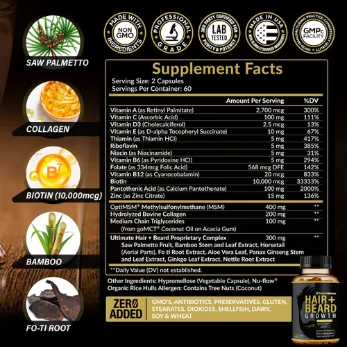 Miniatura 2 de Vitaminas para el crecimiento del cabello y la barba para hombres Biotina 10,000 mcg, colágeno, OptiMSM® patentado, goMCT®, serenoa Suministro