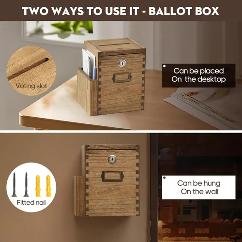 Miniatura 4 de KIRIGEN Caja de sugerencias de madera con cerradura y 2 llaves, urna montada en la pared o encimera con bolsillo lateral para formularios, caja