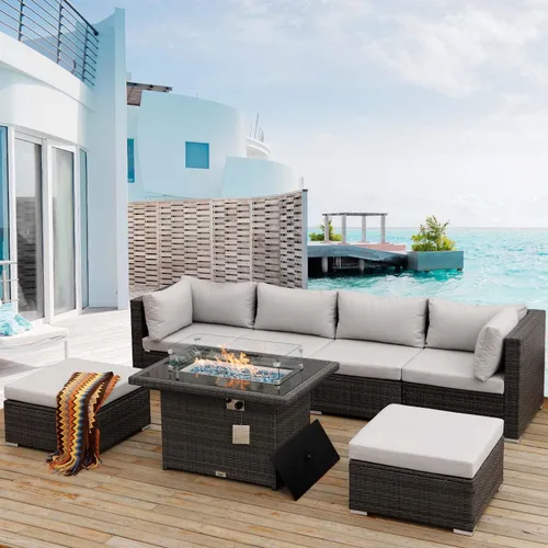 Miniatura 14 de NICESOUL Juego de muebles de patio modernos y extra grandes de 7 piezas con hoguera, cómodos juegos modulares para 6 personas para exteriores, sofá